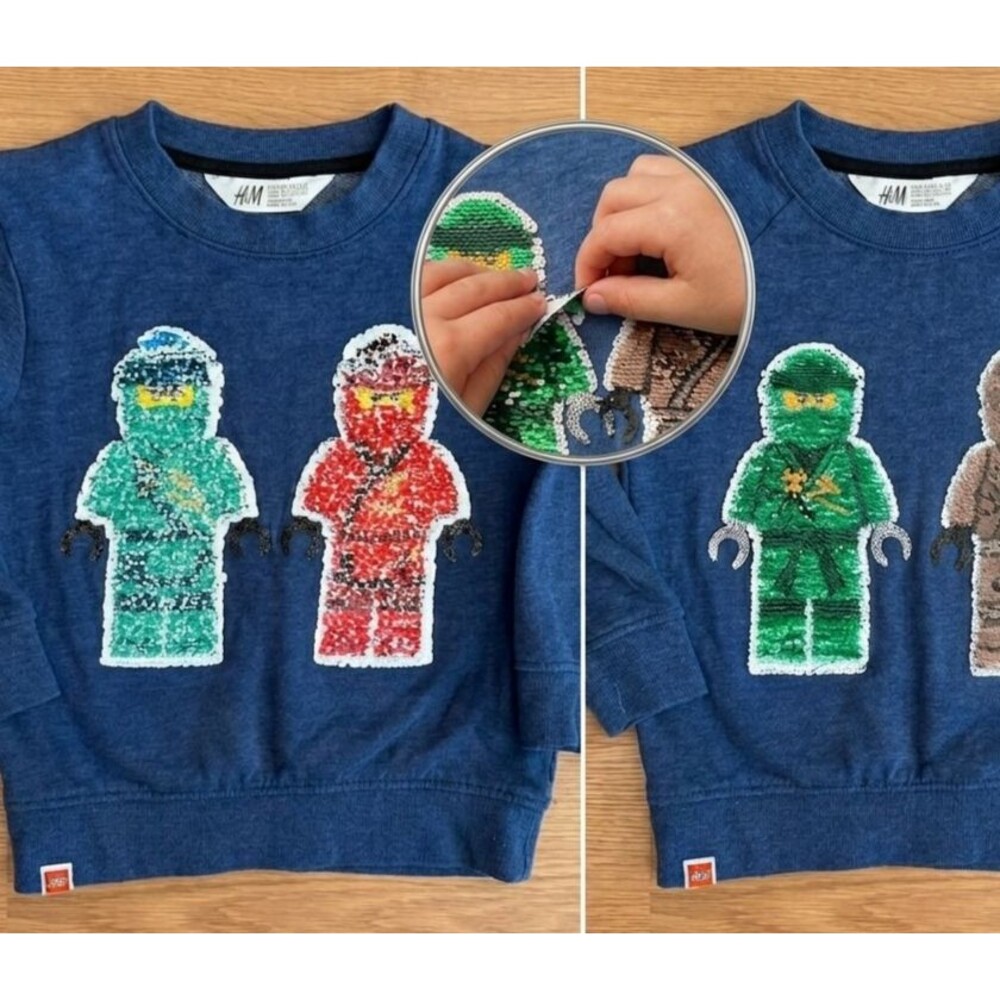 H&M LEGO Ninjago Reversible Sequin Sweatshirt Kids Size 4-6Y Blue Red Flip Top